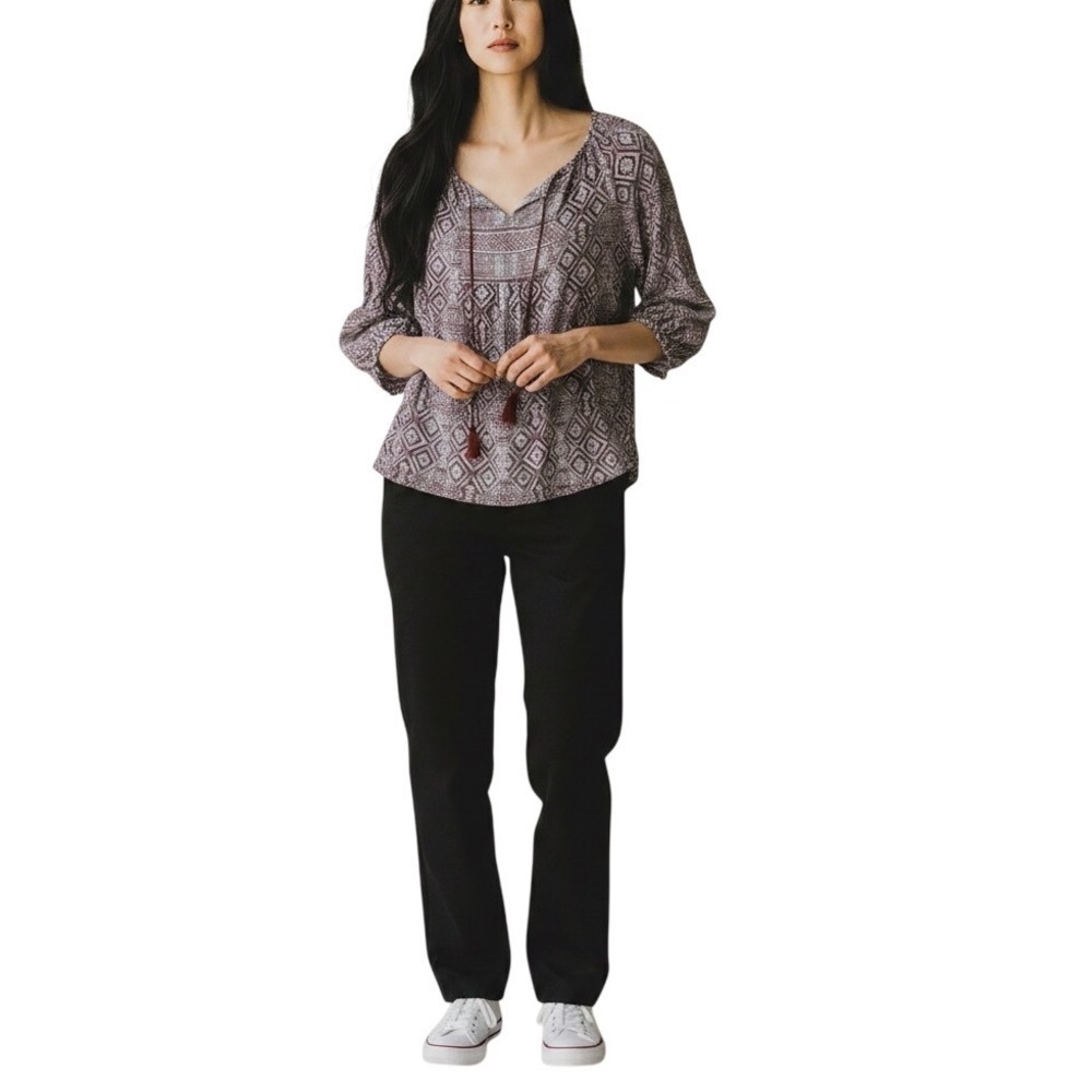Natural Reflections Burgundy Geometric Tassel Peasant‎ Blouse L-Bohemian Earthy